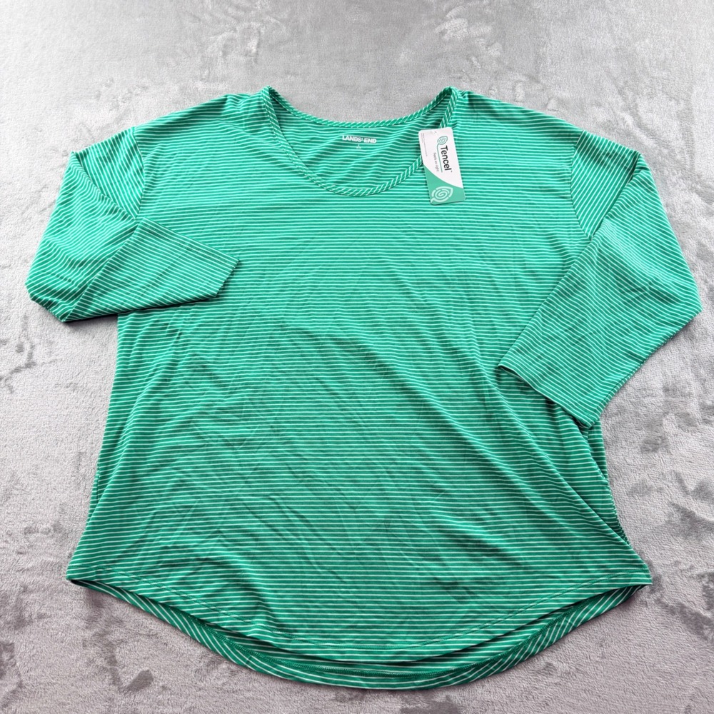 Lands End Women's Large 14-16 Green Striped T-Shirt 3/4 Sleeve Tencel Cotton